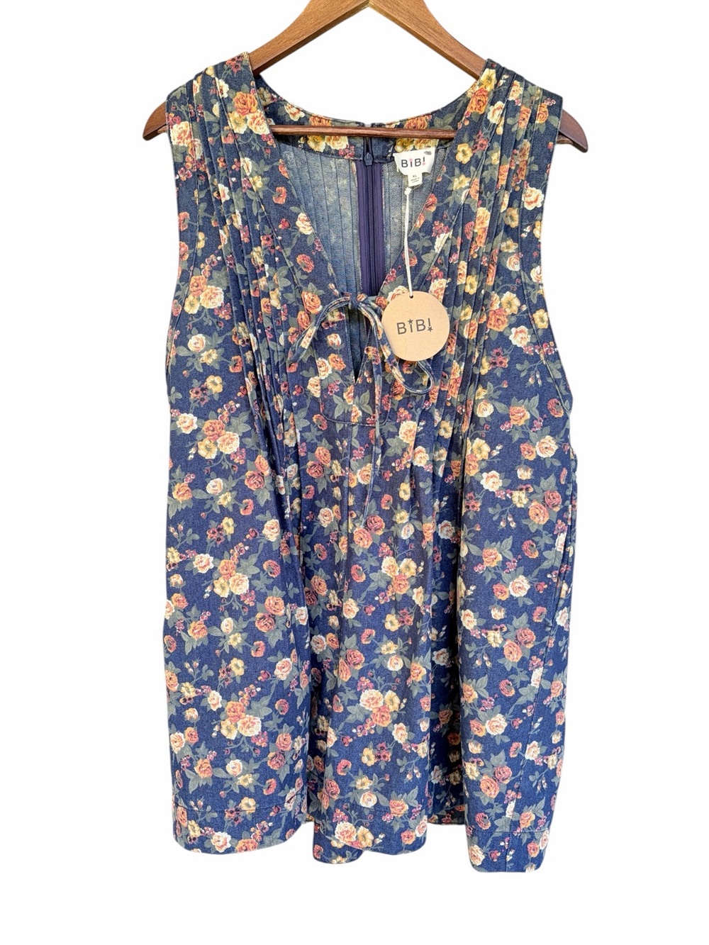 NWT Washed Floral Denim Romper With Front Tie Wide Leg - Picture 3 of 8